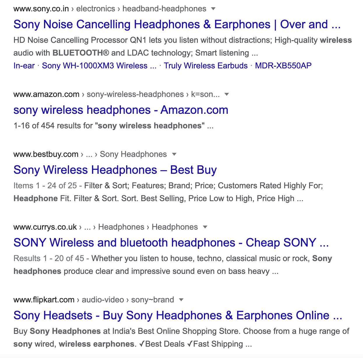 SERP for wireless headphones sony query