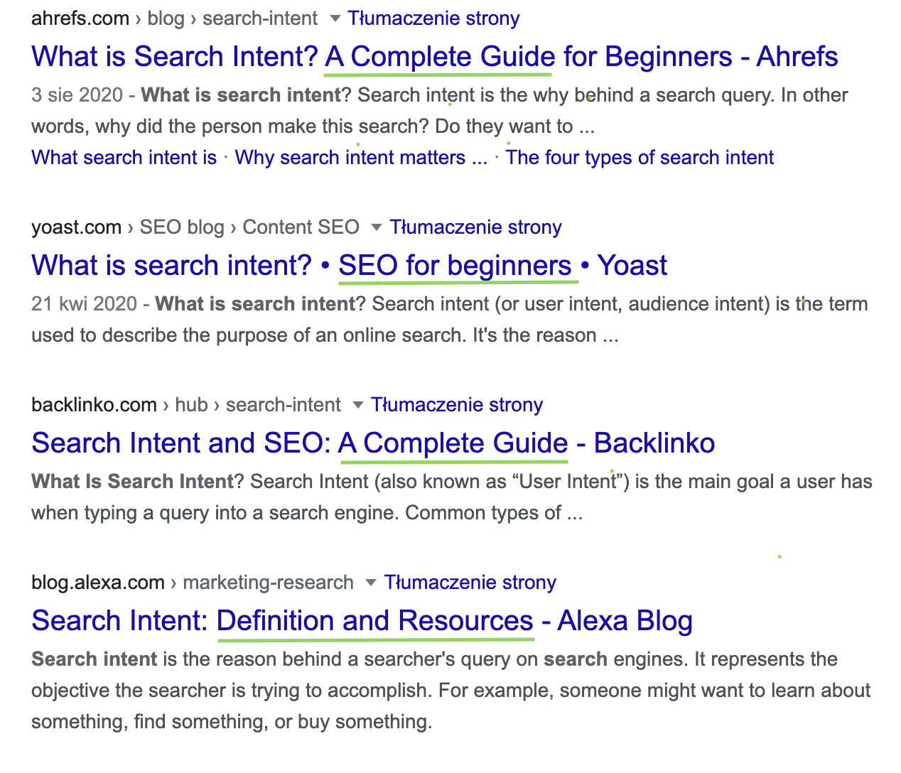 SERP for the what is search intent query