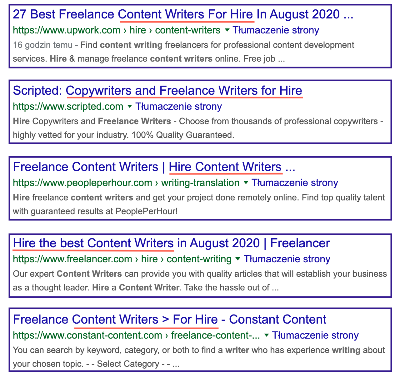 SERP for the hire content writers query 1