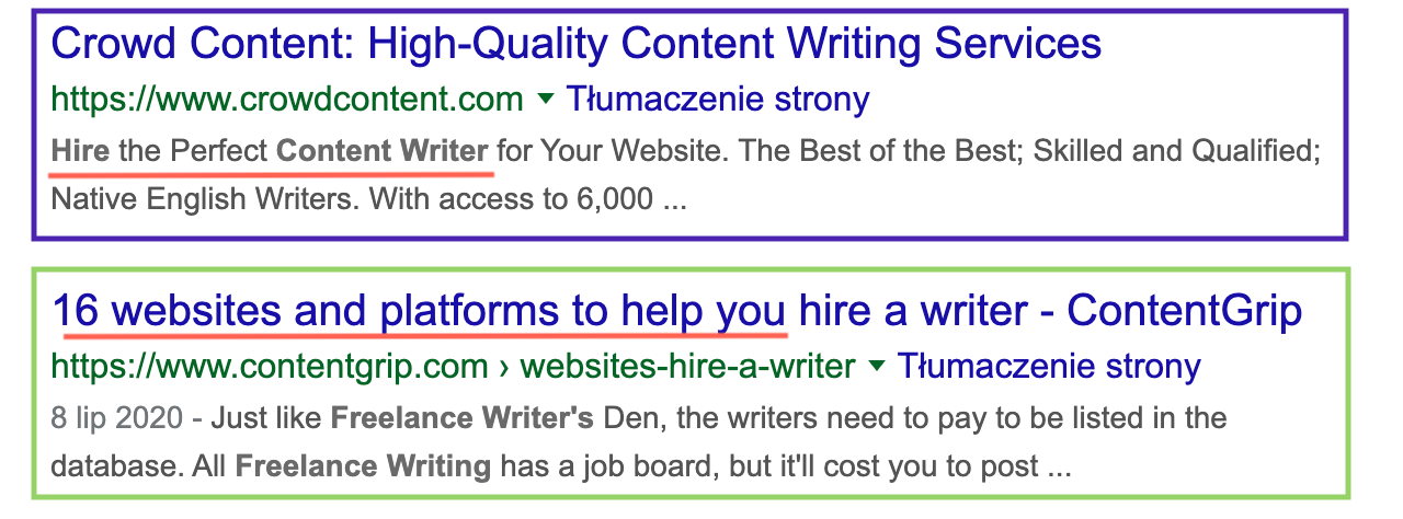 SERP for the hire content writers query 2