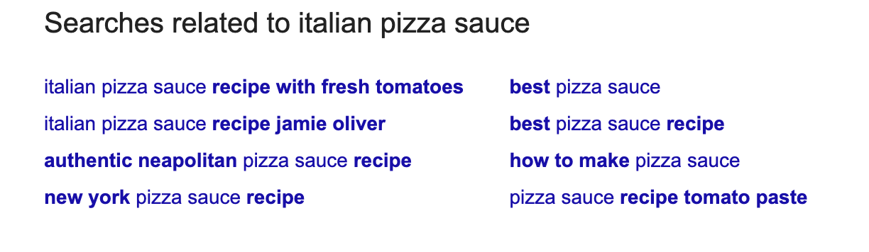 related searches to italian pizza sauce in Google